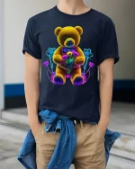 Neon Teddy Bear Holding Flowers Cute Aesthetic Graphic Tee - model wearing navy tee with hands in pockets