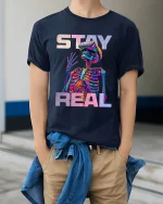 Stay Real Psychedelic Skeleton VR Street Art Graphic Tee Tshirt - model wearing navy tee with hands in pockets