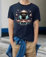 Alien Pug UFO Space Adventure Cute Sci Fi Graphic Tee - model wearing navy tee with hands in pockets