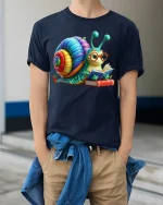 Cute Reading Snail Rainbow Shell Book Lover Graphic Tee - model wearing navy tee with hands in pockets