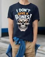 I Dont Give A Bones Funny Skull Attitude Graphic Tee Tshirt - model wearing navy tee with hands in pockets