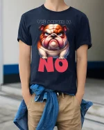The Answer Is No Funny Grumpy Bulldog Attitude Graphic Tee - model wearing navy tee with hands in pockets