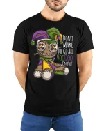 Dont Make Me Go All Voodoo Funny Doll Graphic Tee - model wearing black tee with hands behind back
