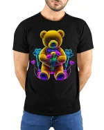 Neon Teddy Bear Holding Flowers Cute Aesthetic Graphic Tee - model wearing black tee with hands behind back