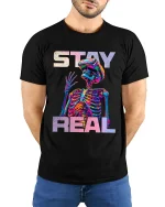 Stay Real Psychedelic Skeleton VR Street Art Graphic Tee Tshirt - model wearing black tee with hands behind back