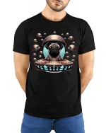 Alien Pug UFO Space Adventure Cute Sci Fi Graphic Tee - model wearing black tee with hands behind back