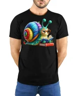 Cute Reading Snail Rainbow Shell Book Lover Graphic Tee - model wearing black tee with hands behind back