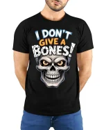 I Dont Give A Bones Funny Skull Attitude Graphic Tee Tshirt - model wearing black tee with hands behind back