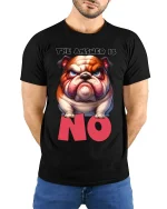 The Answer Is No Funny Grumpy Bulldog Attitude Graphic Tee - model wearing black tee with hands behind back