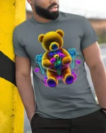 Neon Teddy Bear Holding Flowers Cute Aesthetic Graphic Tee - model wearing grey tee, leaning on column