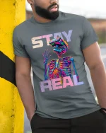 Stay Real Psychedelic Skeleton VR Street Art Graphic Tee Tshirt - model wearing grey tee, leaning on column