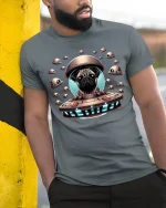Alien Pug UFO Space Adventure Cute Sci Fi Graphic Tee - model wearing grey tee, leaning on column