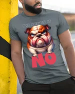 The Answer Is No Funny Grumpy Bulldog Attitude Graphic Tee - model wearing grey tee, leaning on column