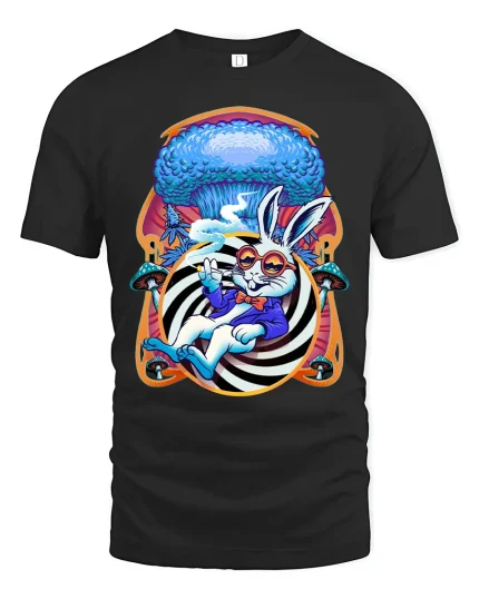 Trippy Rabbit Psychedelic Art Graphic T Shirt With Hypnotic Vibes - black t-shirt on white background