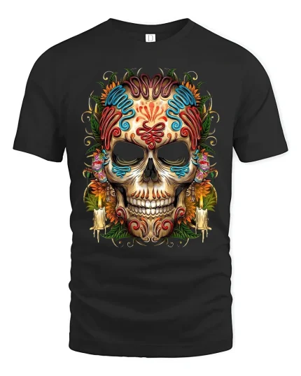 Sugar Skull Floral Art Graphic T Shirt With Vibrant Gothic Style - black t-shirt on white background
