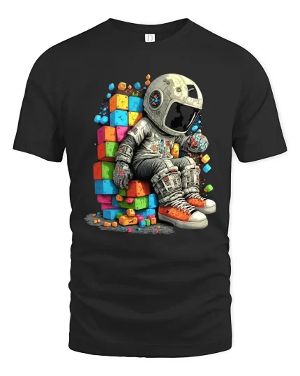 Astronaut Sitting on Colorful Blocks Space Art Graphic T Shirt - black t-shirt on white background