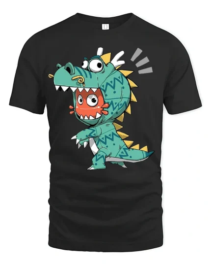 Funny Cute Dinosaur Costume Cartoon Graphic T Shirt Playful Style - black t-shirt on white background