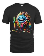 Funny Colorful Pencil Monster Cartoon Art Graphic T Shirt Design - black t-shirt on white background