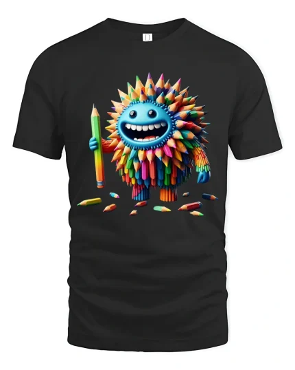Funny Colorful Pencil Monster Cartoon Art Graphic T Shirt Design - black t-shirt on white background