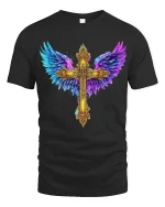 Golden Angel Wings Cross Faith Art Graphic T Shirt Design - black t-shirt on white background