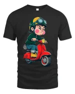 Angry Kid Riding Red Scooter Cartoon Art Graphic T Shirt - black t-shirt on white background