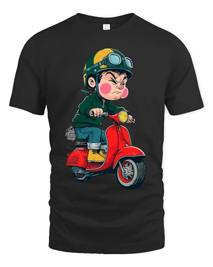 Angry Kid Riding Red Scooter Cartoon Art Graphic T Shirt - black t-shirt on white background