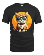 Cool Cat Wearing Sunglasses Cartoon Art Graphic T Shirt - black t-shirt on white background