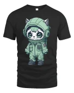 Cute Astronaut Cat Space Suit Cartoon Art Graphic T Shirt - black t-shirt on white background