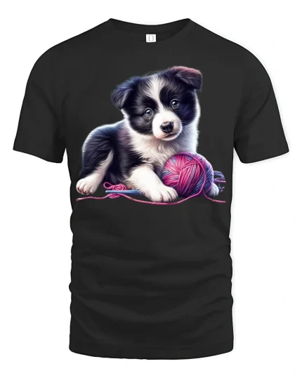 Cute Puppy Playing With Yarn Adorable Dog Cartoon T Shirt - black t-shirt on white background