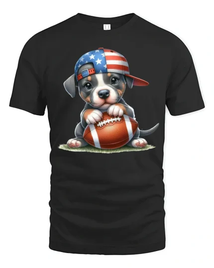 Cute American Puppy Football Graphic Tee Patriotic Sports Art - black t-shirt on white background