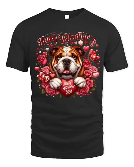 Happy Valentine Bulldog Love Graphic Tee Cute Dog Heart Art - black t-shirt on white background