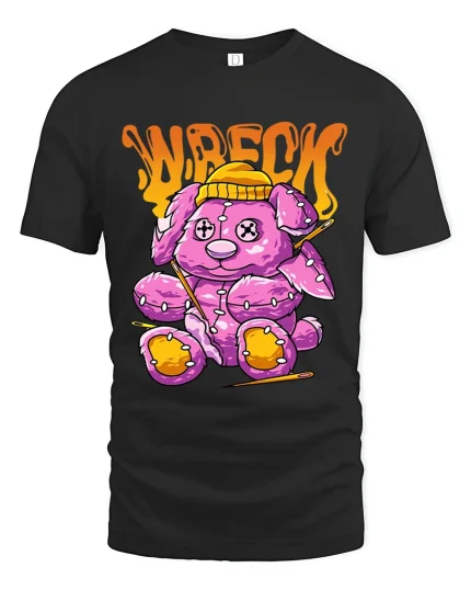 Wrecked Cute Teddy Bear Punk Cartoon Art Graphic T Shirt - black t-shirt on white background