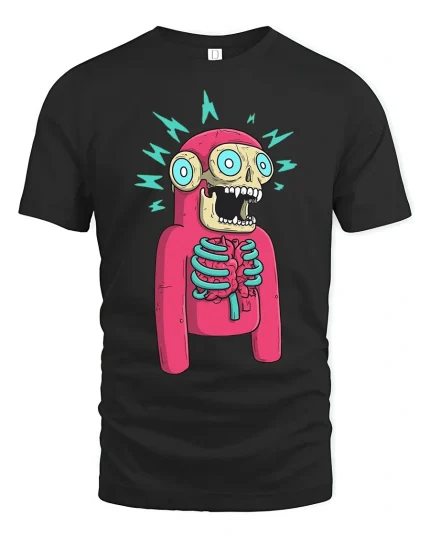 Funny Shocked Skeleton Cartoon Graphic T Shirt With Bold Colors - black t-shirt on white background