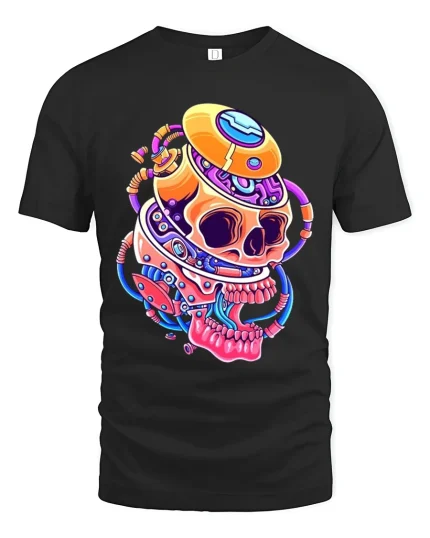 Cyberpunk Robot Skull Futuristic Neon Art Graphic T Shirt - black t-shirt on white background