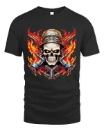 Flaming Skull Mechanic Warrior Graphic T Shirt With Bold Fire Art - black t-shirt on white background