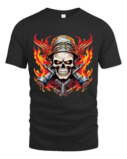 Flaming Skull Mechanic Warrior Graphic T Shirt With Bold Fire Art - black t-shirt on white background