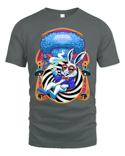 Trippy Rabbit Psychedelic Art Graphic T Shirt With Hypnotic Vibes - gray t-shirt on white background