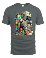 Astronaut Sitting on Colorful Blocks Space Art Graphic T Shirt - gray t-shirt on white background