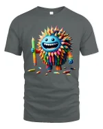 Funny Colorful Pencil Monster Cartoon Art Graphic T Shirt Design - gray t-shirt on white background