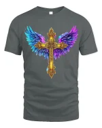 Golden Angel Wings Cross Faith Art Graphic T Shirt Design - gray t-shirt on white background