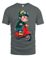 Angry Kid Riding Red Scooter Cartoon Art Graphic T Shirt - gray t-shirt on white background