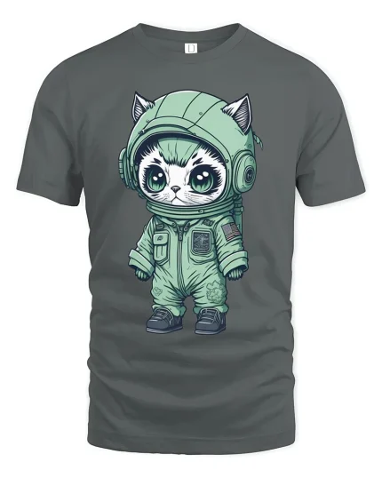 Cute Astronaut Cat Space Suit Cartoon Art Graphic T Shirt - gray t-shirt on white background