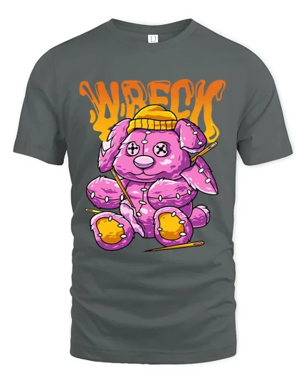 Wrecked Cute Teddy Bear Punk Cartoon Art Graphic T Shirt - gray t-shirt on white background