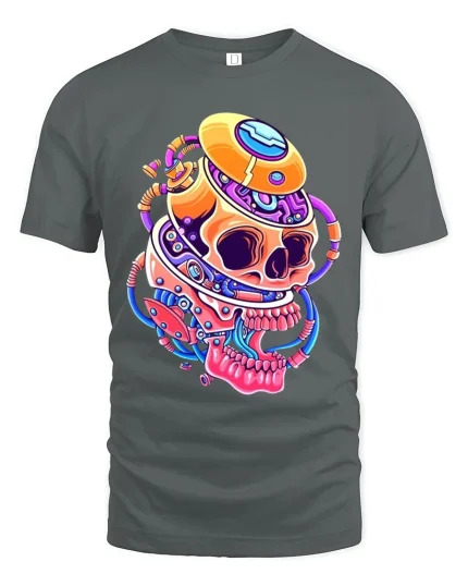 Cyberpunk Robot Skull Futuristic Neon Art Graphic T Shirt - gray t-shirt on white background