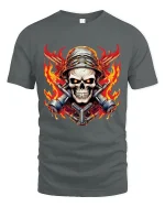 Flaming Skull Mechanic Warrior Graphic T Shirt With Bold Fire Art - gray t-shirt on white background