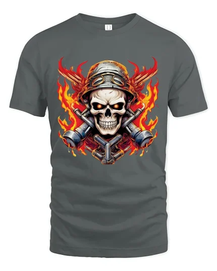 Flaming Skull Mechanic Warrior Graphic T Shirt With Bold Fire Art - gray t-shirt on white background
