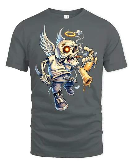 Angel Skull Graffiti Rebel Art Graphic T Shirt With Halo Wings - gray t-shirt on white background