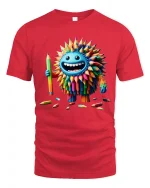 Funny Colorful Pencil Monster Cartoon Art Graphic T Shirt Design - red t-shirt on white background
