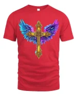 Golden Angel Wings Cross Faith Art Graphic T Shirt Design - red t-shirt on white background
