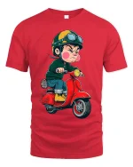 Angry Kid Riding Red Scooter Cartoon Art Graphic T Shirt - red t-shirt on white background
